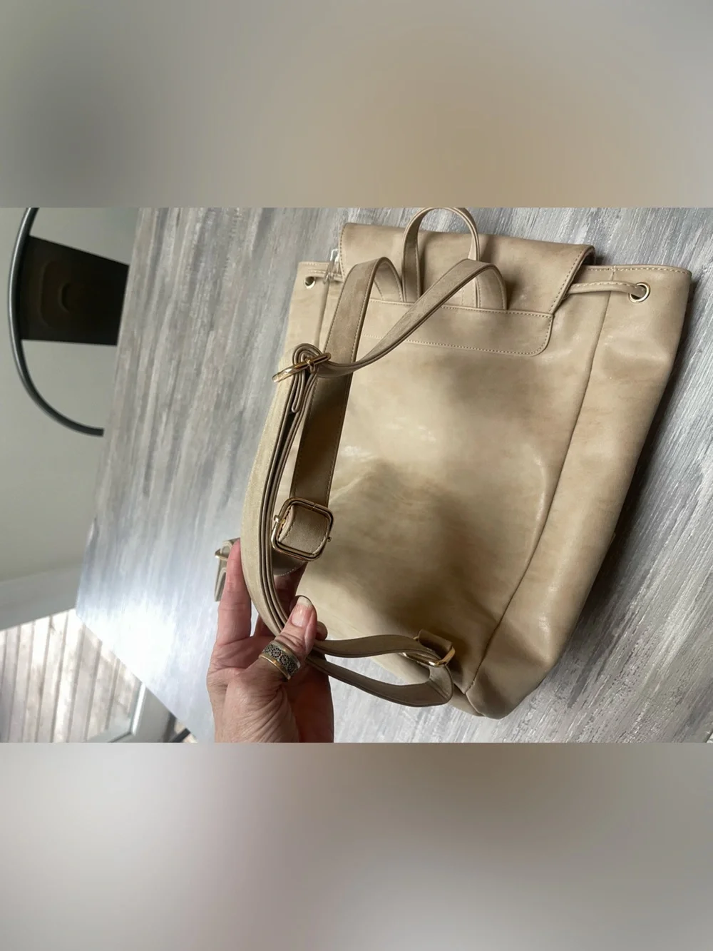 Taupe Drawstring Backpack Tote with Stripe Flap
